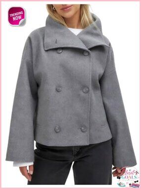 Cropped Peacoat Double Breasted Lapel Short Wool Blend Winter Jacket Overcoat